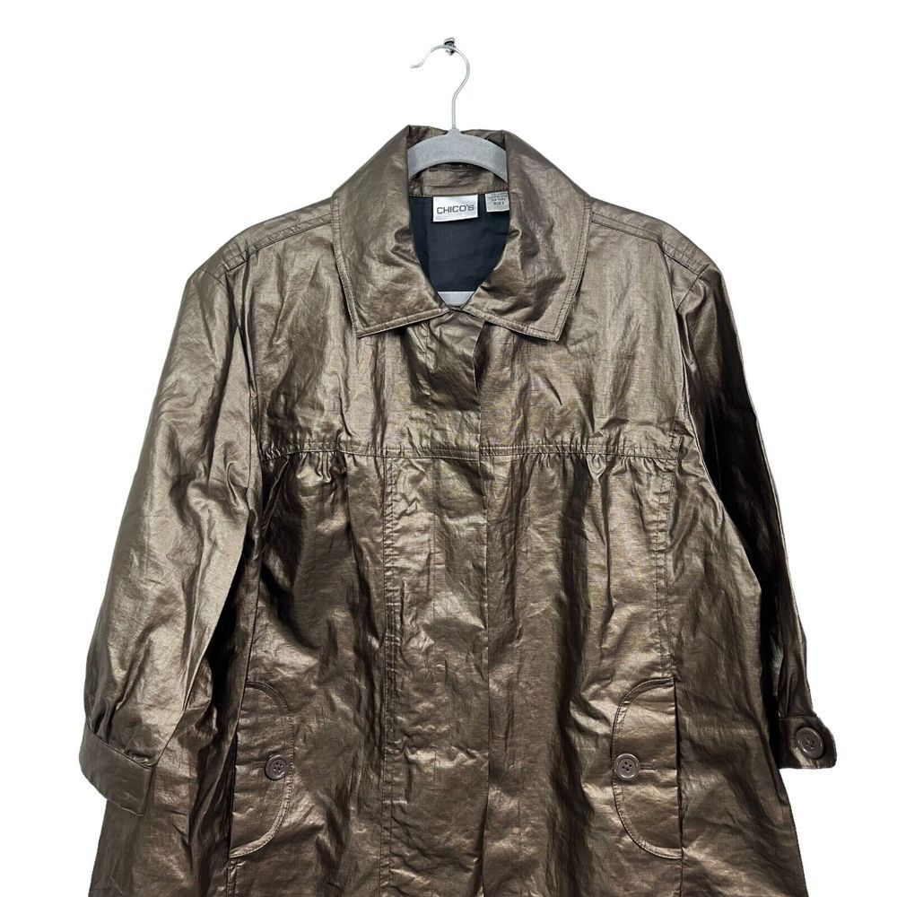 Chico's Womens Swing Linen Jacket Coated Metallic Bronze Button 3/4 Sleeve Sz 3* - Picture 2 of 5
